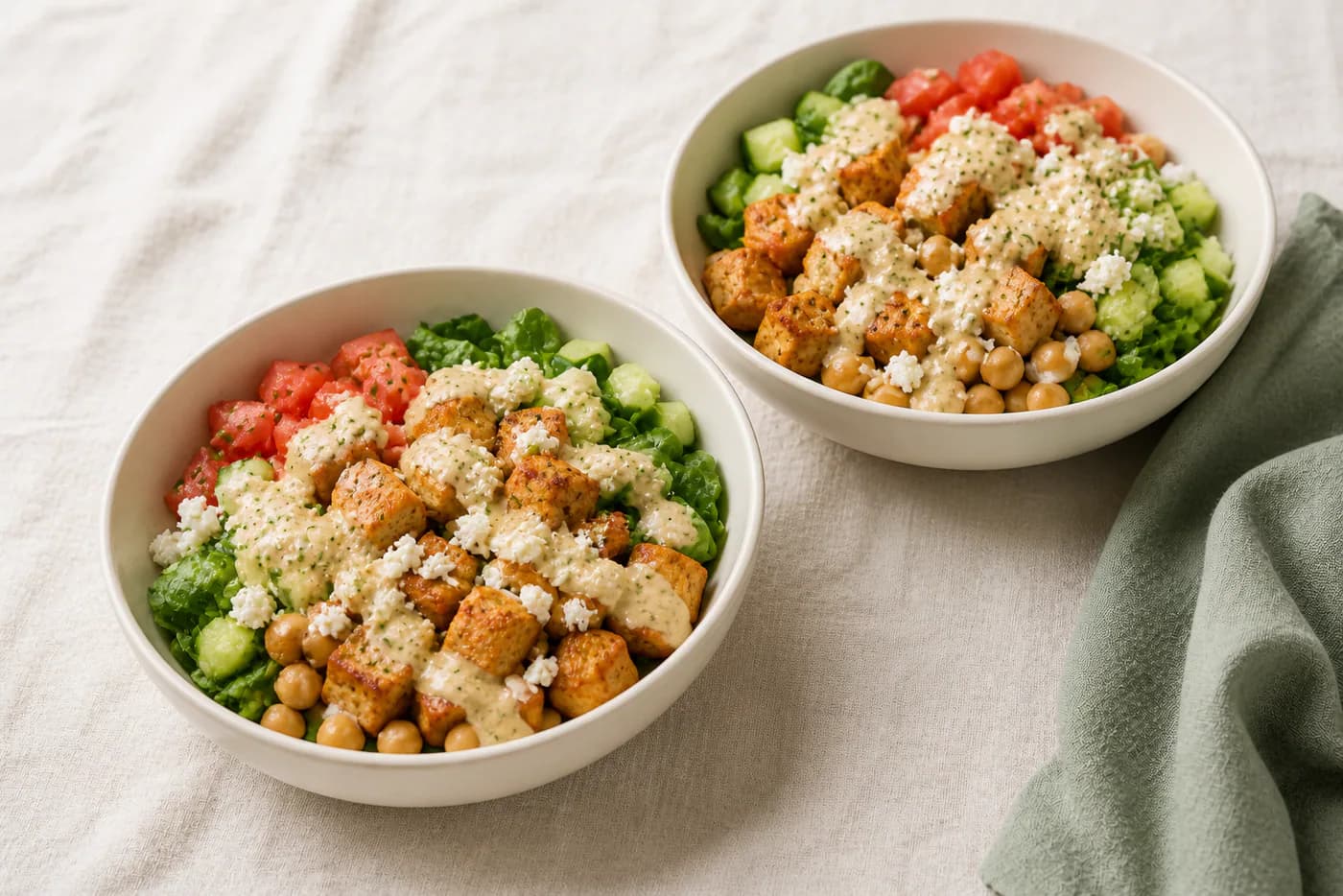 Air Fryer Tofu Greek Salad with Creamy Hummus Dressing