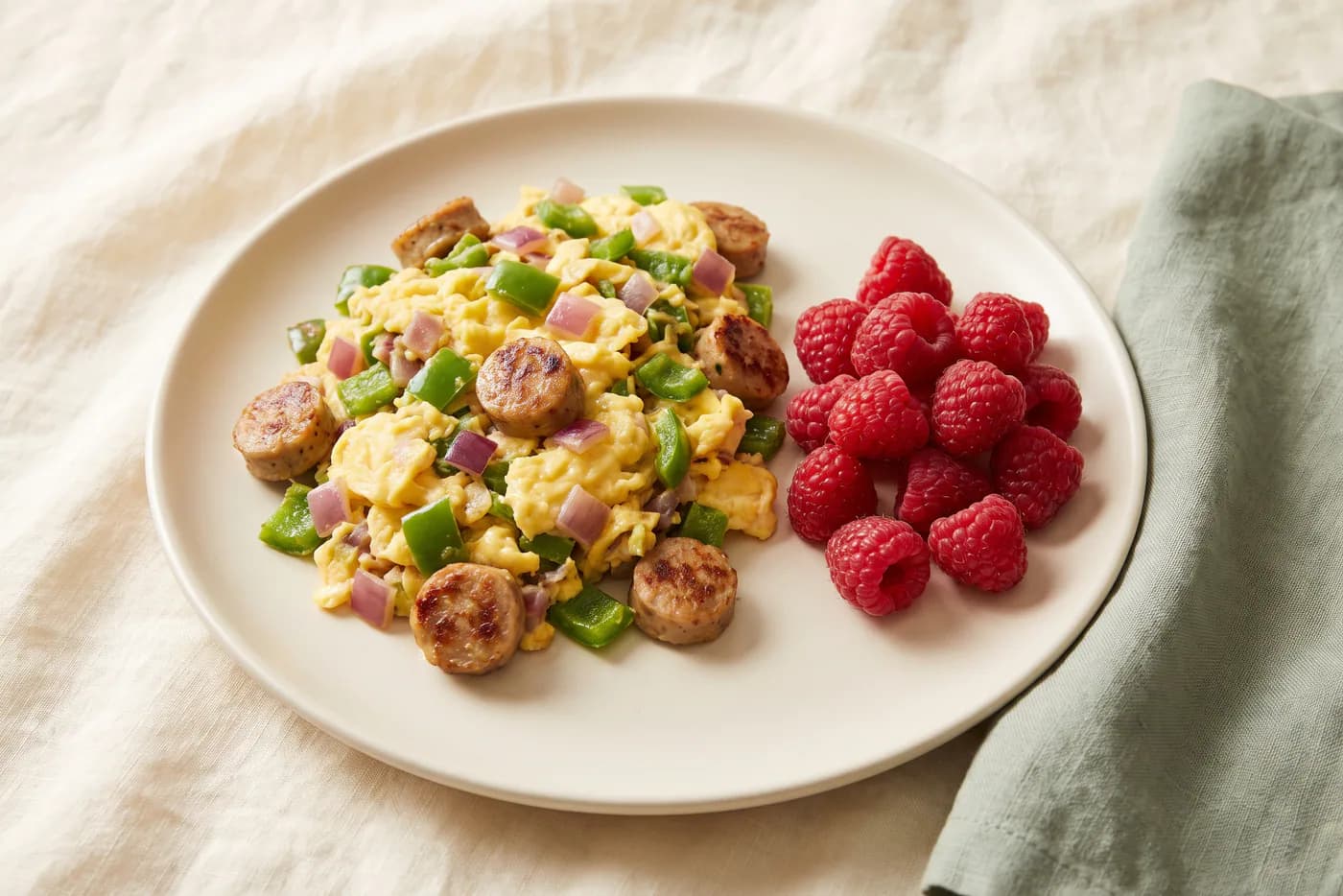 Chicken Sausage, Eggs and Raspberry Breakfast Plate