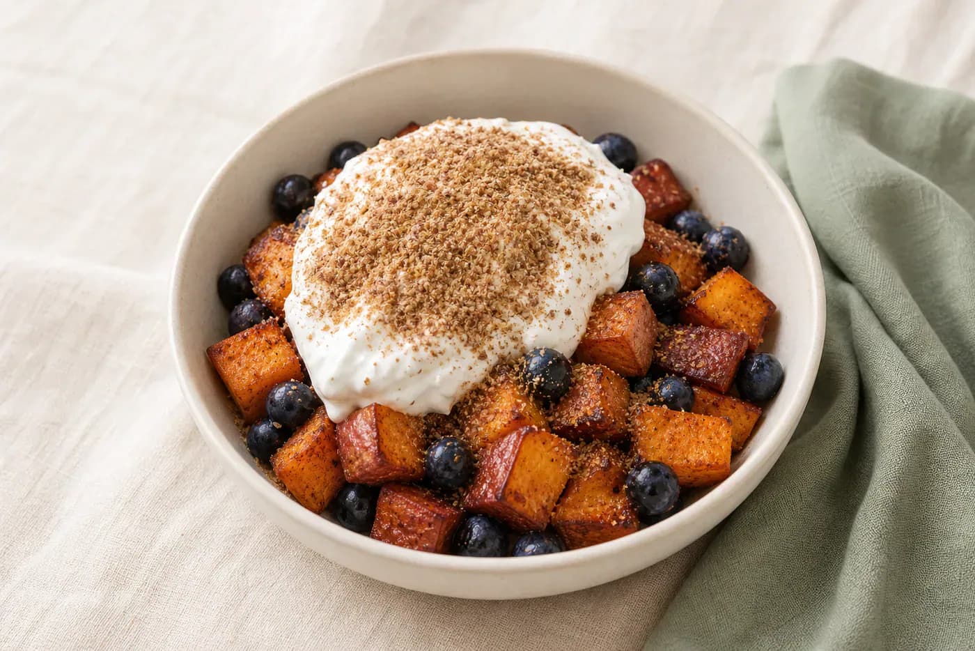 Warm Sweet Potato Blueberry Yogurt Breakfast Bowl