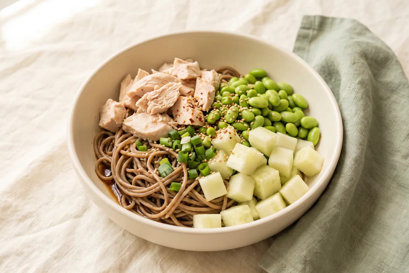 High-Protein Cold Soba Bowl with Chicken and Edamame