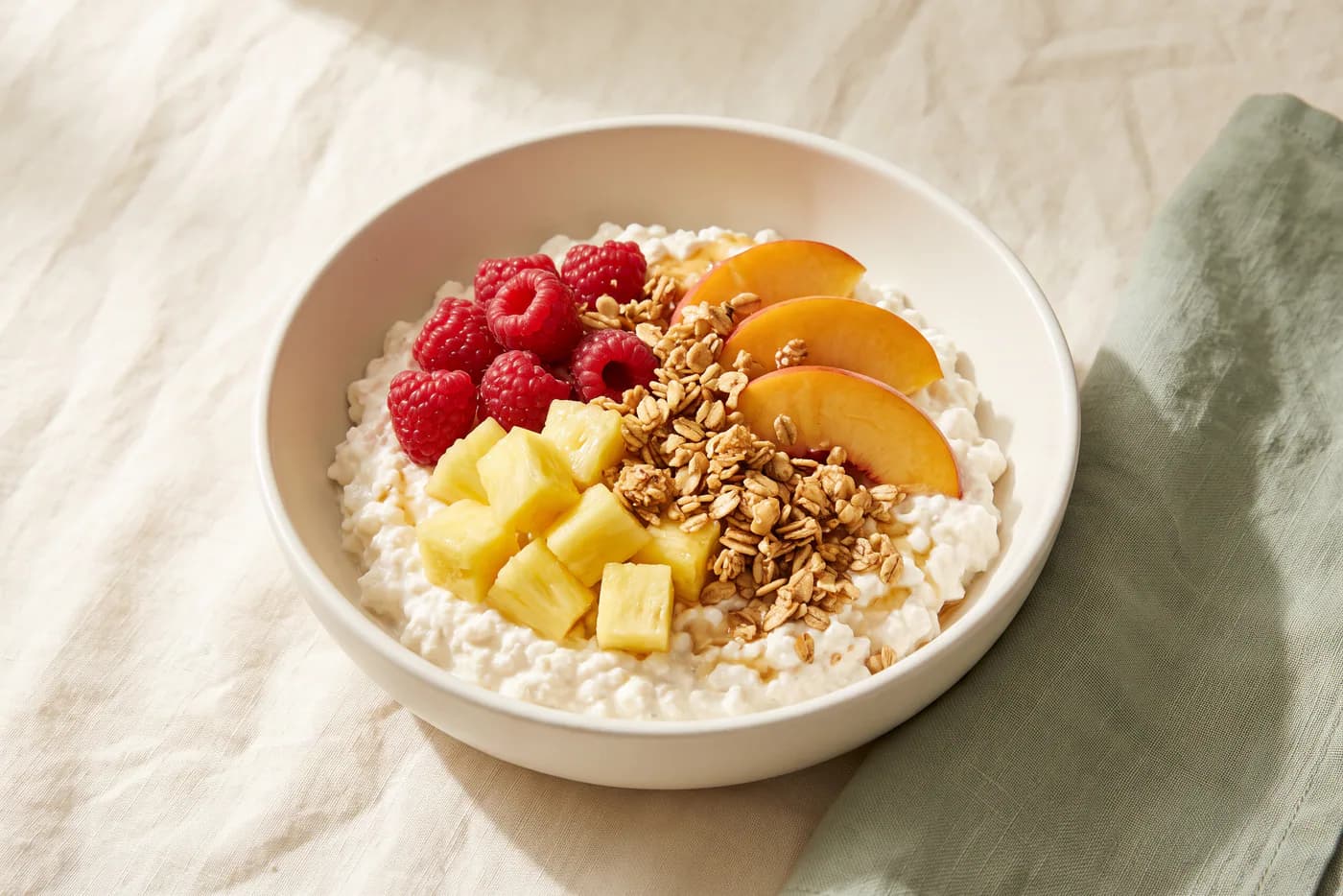 Peach Raspberry Protein Cottage Cheese Bowl