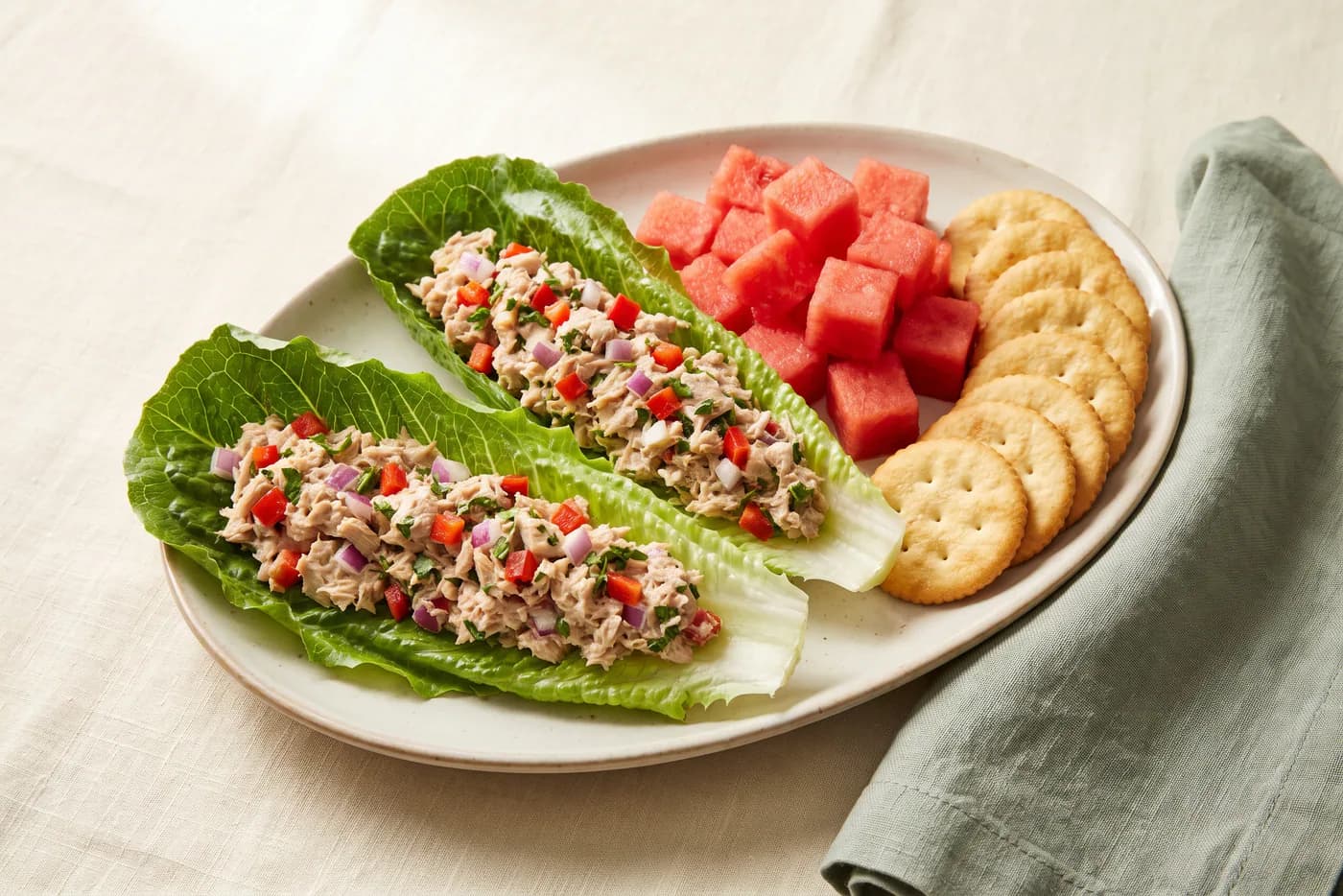 Cumin Tuna Lettuce Boats with Watermelon and Crackers