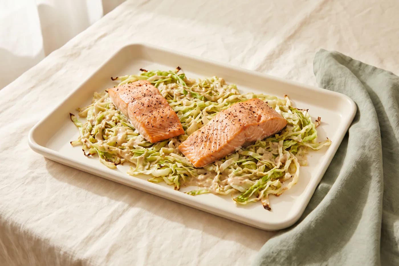 Sheet Pan Lemon Pepper Salmon with Tahini Cabbage