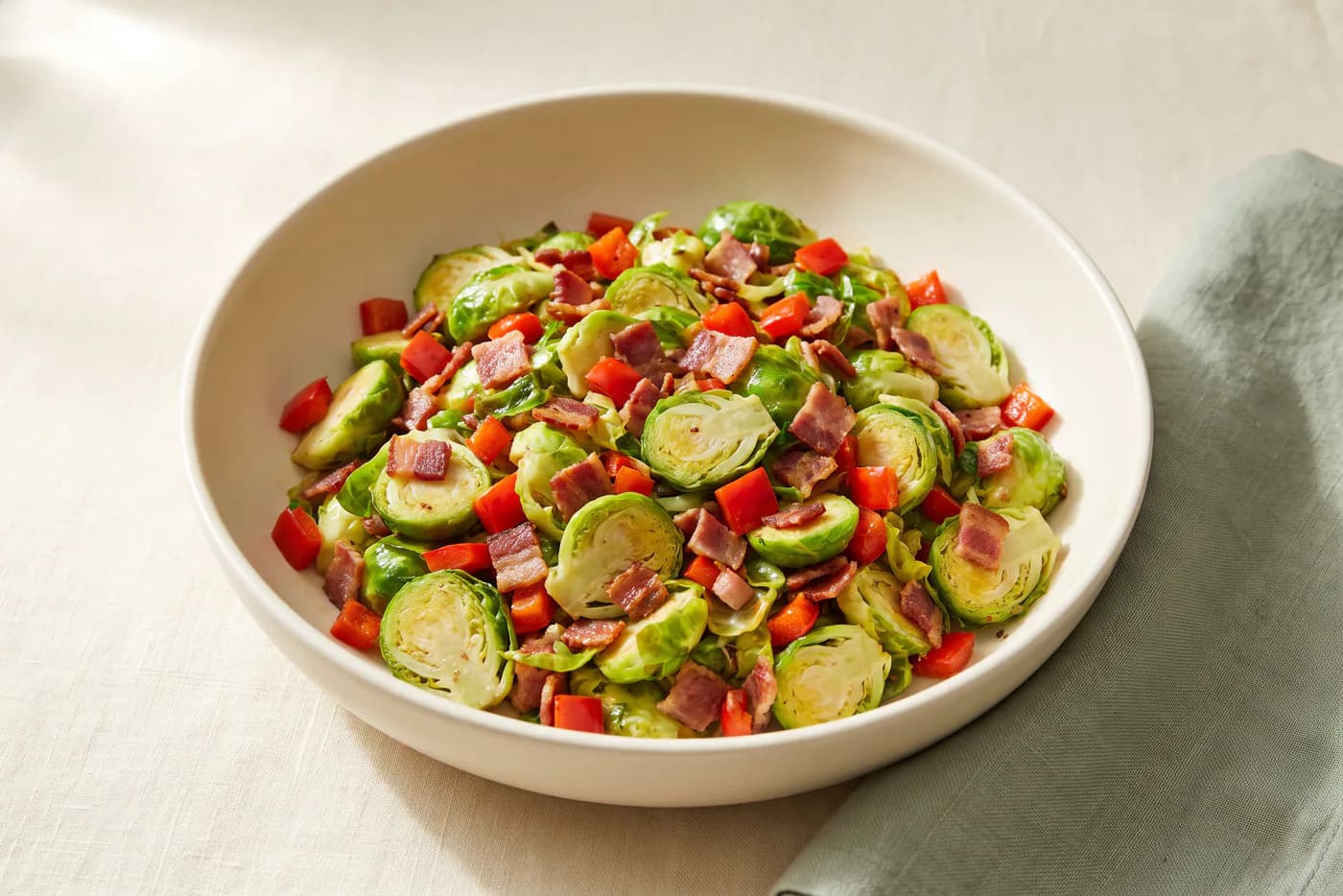 Skillet Brussels Sprouts with Crispy Bacon and Red Pepper