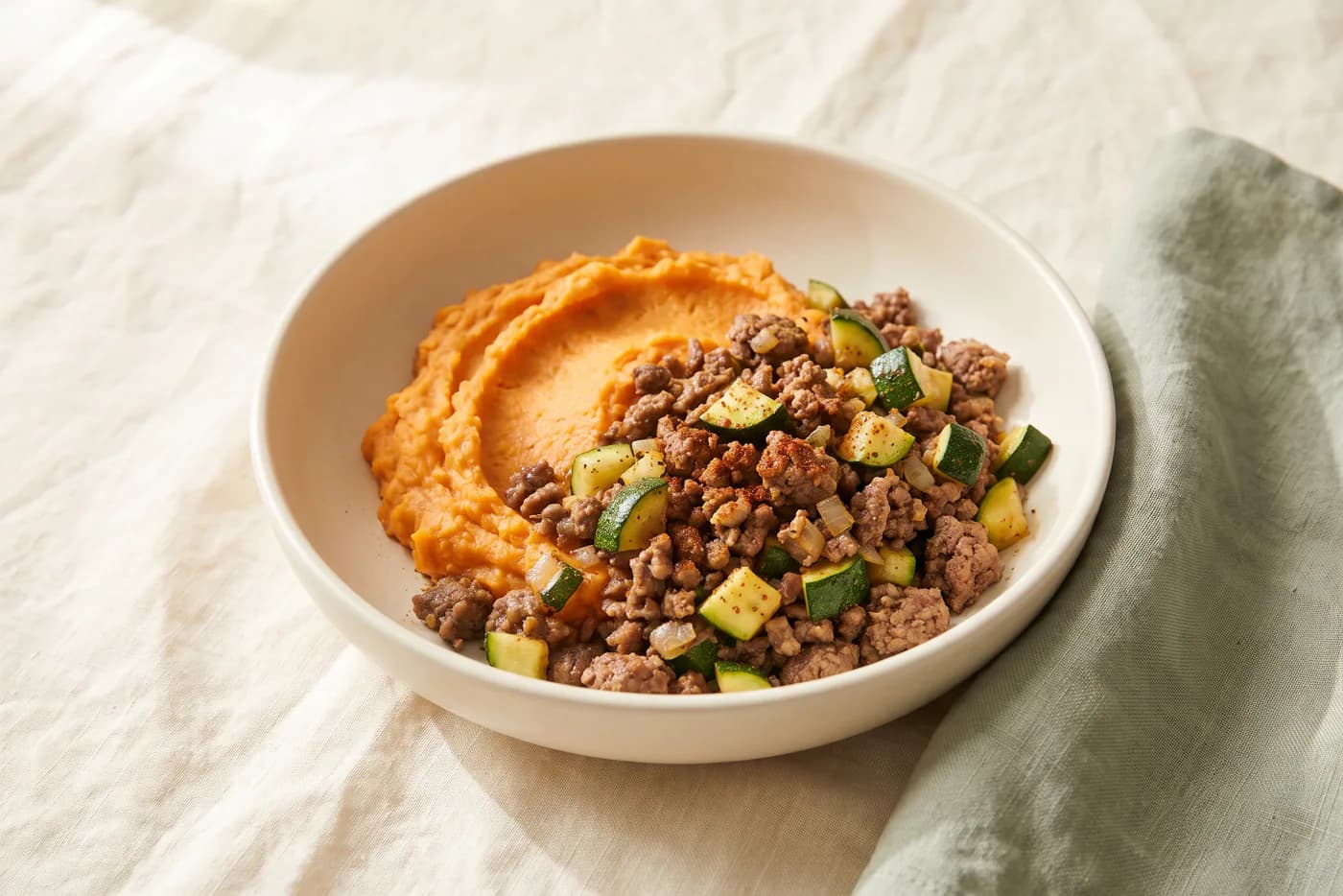 Smoky Beef Zucchini Bowl with Sweet Potato Mash