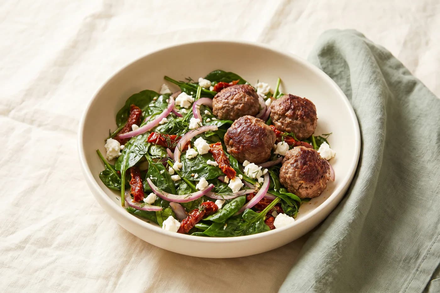 Warm Beef Meatball Spinach Salad
