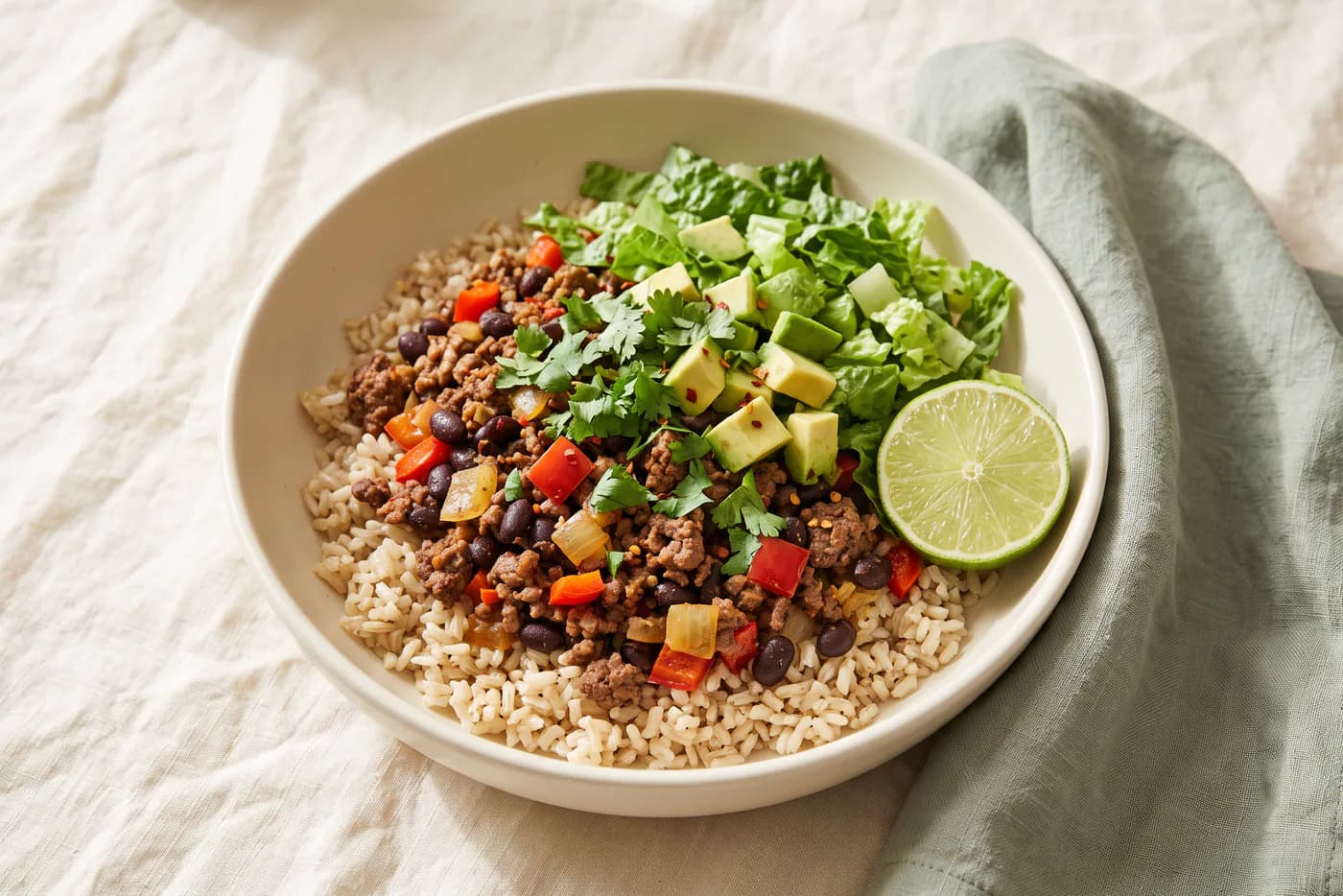 High-Protein Beef, Bean and Rice Taco Bowls